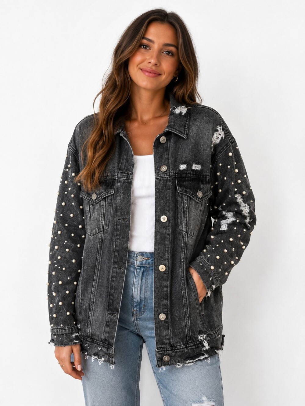 Chelsea Deboer By Lily And Lottie Black Distressed Pearl-Studded Denim Jacket